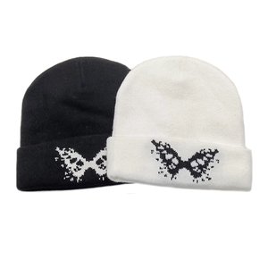 Butterfly Pattern Knitted Beanie Acrylic Winter Warm Folded Cuff Streetwear Hat For Women