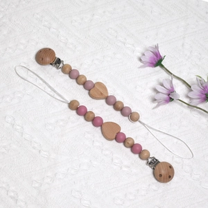Dual pack of silicone and beech wood baby pacifier clips with pink beaded straps