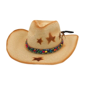 Chapeau de cow-boy en paille ethnique avec motif étoile et bande de perles colorées