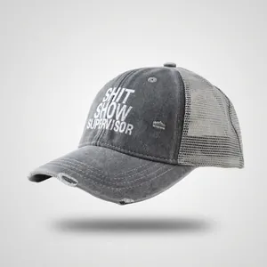 Detailed view of dark grey mesh baseball cap featuring vintage distressed brim details