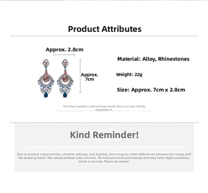 Detailed view of bohemian vintage drop earrings with colorful rhinestones and dimensions
