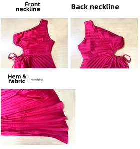 Detailed view of fuchsia pleated fabric texture and neckline of the one shoulder dress