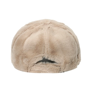 Rear view of warm faux rabbit fur baseball cap in beige showing thick plush texture
