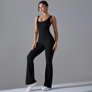 Detail of black flare yoga jumpsuit showing sleek fabric and slim fit design