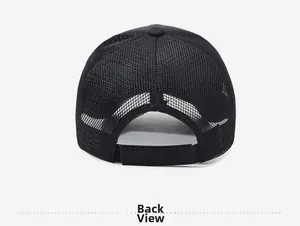 Back view of black mesh baseball cap with adjustable velcro strap for outdoor sun protection