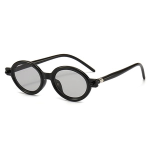 Retro small oval black frame sunglasses with dark grey lenses and silver metal hinges