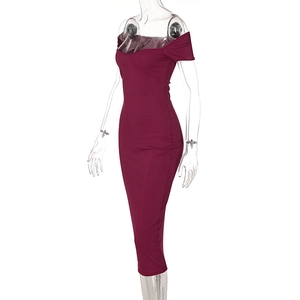 Detail shot of the off-shoulder neckline on a wine red ribbed bodycon maxi dress