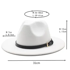 Detailed size specifications for the white fedora hat including head circumference and brim
