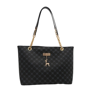 Classic black tote bag with diamond pattern, gold chain strap and deer pendant charm