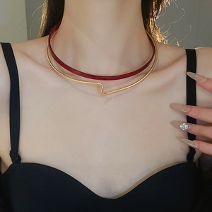 Modern double layer choker with red resin and golden wavy metal ring for women