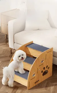 Detailed view of the 3-tier wooden pet stairs with non-slip fabric and paw-shaped cutouts
