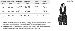 Size chart for black lace deep V-neck bodysuit showing CM measurements and dimensions