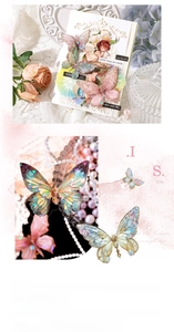 Detail of holographic PET butterfly stickers with laser finish and vintage lace decor