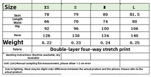 Detailed size guide table for women's plaid midi skirt showing measurements and fabric info