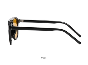 Detailed 90-degree side profile of black sunglasses with yellow transparent lenses