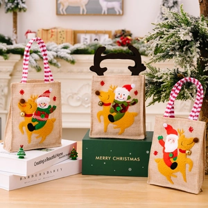 Christmas burlap gift bags with 3D Santa and Snowman embroidery for holiday treats