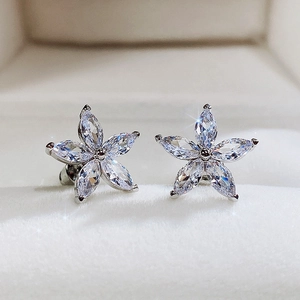 Elegant silver five-petal flower stud earrings with marquise-cut sparkling zircons