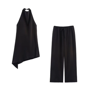 Women black halter neck two-piece set with irregular hem top and wide leg pants
