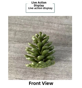 Close-up of green plastic pine cone decoration with realistic scales on wood texture