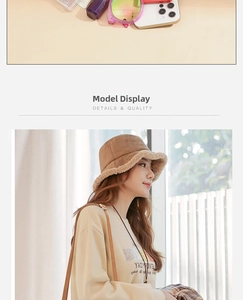 Detail of warm brown faux shearling bucket hat with premium suede texture for autumn