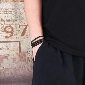 Multilayer black woven leather bracelet for men with metal beads and magnetic clasp