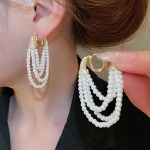 Boucles D'Oreilles À Pampilles En Künstliche Perles Multicouches Style Français Élégant Plaquées Or Zircon Argent Poste