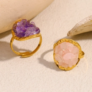 Anello Regolabile Aperto Martellato Vintage Placcato Oro 18K Acciaio Inossidabile Pietra Naturale Cristallo Gioielli Boho