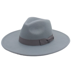 Elegant grey wide brim wool felt fedora hat with bow ribbon for women's winter style