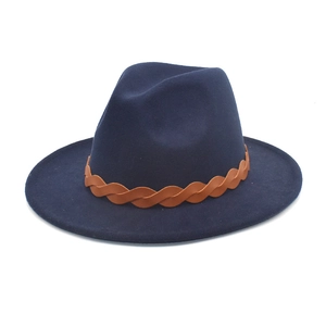 Unisex dark blue wool fedora hat with brown braided band for winter fashion style