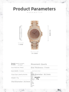 Detailed size specifications for rose gold crystal-encrusted quartz watch model M1088