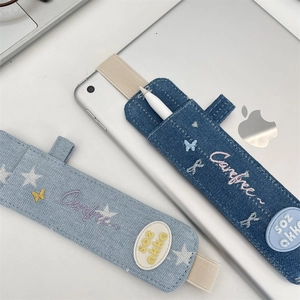 Denim stylus holder for iPad with elastic strap and starry butterfly embroidery