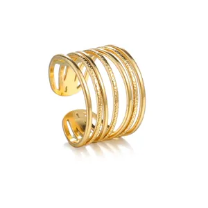 Minimalist Wide Stainless Steel Multi Layer Open Ring For Women Hammered Texture Adjustable Niche Design C Shape