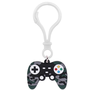 Close-up of a camouflage gamepad keychain with colorful buttons and a white plastic hook