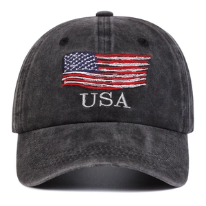 Detail of washed charcoal baseball cap featuring vintage American flag embroidery and USA logo