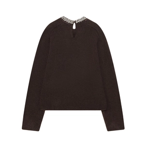 Dark brown long sleeve knit sweater with crystal beaded neckline and back keyhole closure