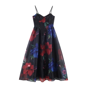 Robe Maxi En Organza À Imprimé Floral Bretelles Camisole Ajustables Fermeture Éclair Dos Évasée Coupe A-Line Sexy