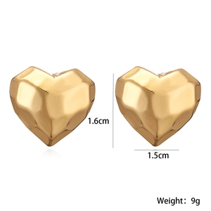 Detail view of gold heart stud earrings showing 1.6cm size and 9g weight specs