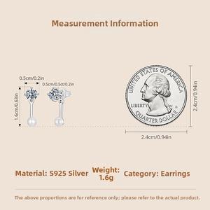 Size reference of s925 silver pearl earrings next to a coin for accurate scale