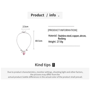 Detailed size specifications for pink flocked strawberry pendant necklace with steel chain
