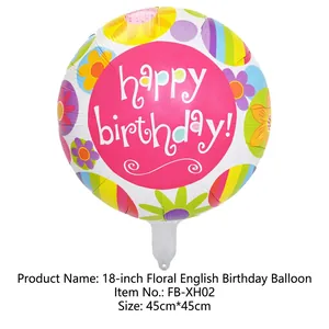 Detail of 18 inch floral foil balloon with pink center and happy birthday lettering