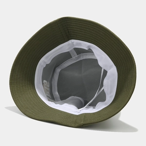 Olive green bucket hat with breathable mesh lining and white sweatband internal view
