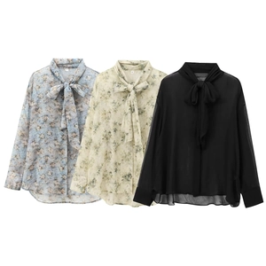 Blouse Femme Manches Longues Élégante Col Noué Imprimé Fleuri Uni Boutonné Chemise Décontractée