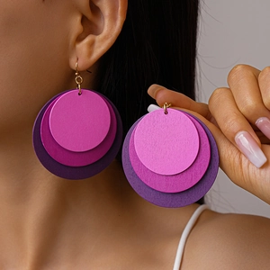 Layered Round Wooden Dangle Earrings Geometric Gradient Color Fashion Jewelry With Steel Earring Post For Women
