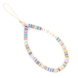 Bohemian colorful polymer clay bead phone strap with LOVE letters and pearls
