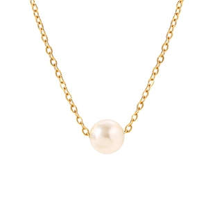 Minimalist gold stainless steel necklace featuring a single round white pearl pendant