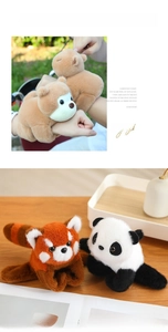 Close-up of plush animal snap bracelets showing soft textures and cute panda designs
