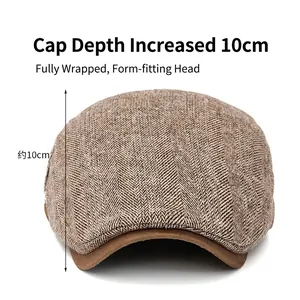 Brown herringbone newsboy cap for men featuring a 10cm deep crown and warm wool texture
