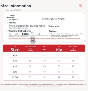Tabella taglie per pantaloni da yoga a vita alta con misure dettagliate in nylon e spandex
