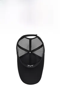 Close-up of black breathable mesh panel and embroidered M logo on the sports cap