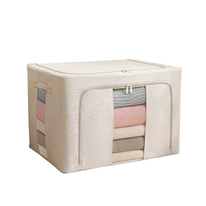 Foldable cotton linen storage box with 5.0mm steel frame and transparent window for home